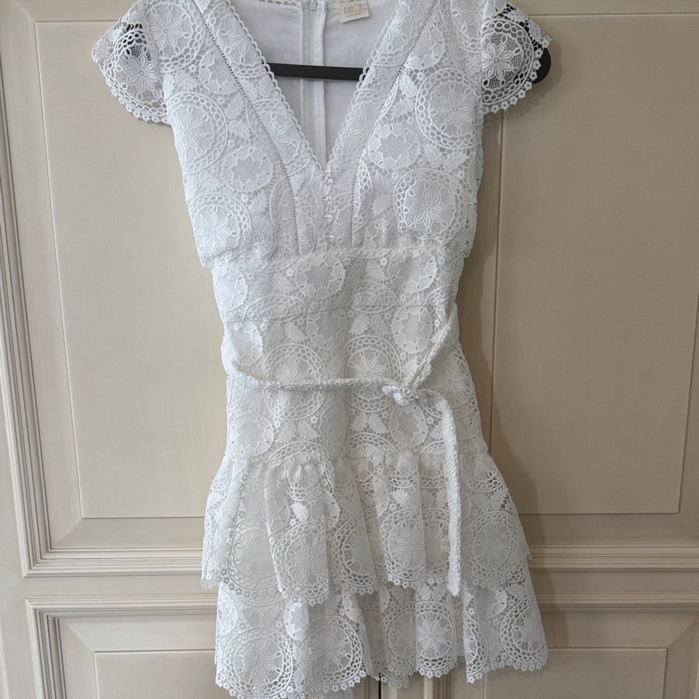 Girls White Lace V-Neck Tiered Dress with Self-Tie Waist